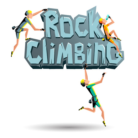 Rock Climbing words on the rock with climbers in different poses. Rocky emblem climbing illustration sign rock, stone texture lettersのイラスト素材