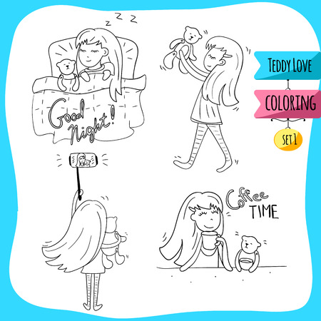 Coloring Adorable couple in different situations - sleeping, selfie, hugging, eat. Cute girl with her funny bear. Set of stickers. For cards and design. Vector hand drawn illustration.のイラスト素材