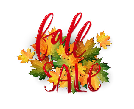 Autumn SALE poster design. Fall discount promotion with maple leaves and hand lettering in frame. Bright editable Vector Illustration.のイラスト素材