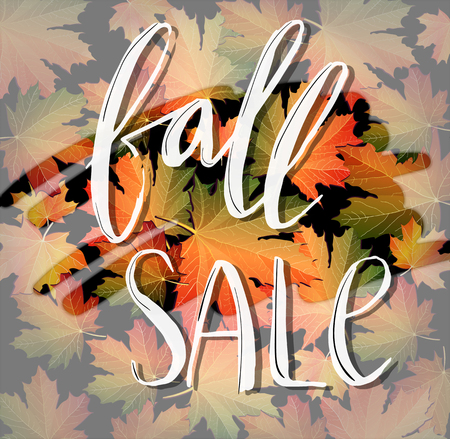 Autumn SALE foggy poster design. Fall discount promotion with maple leaves and hand lettering. Bright editable Vector Illustration.のイラスト素材