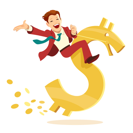 The happy businessman rides on a golden dollar sign.のイラスト素材