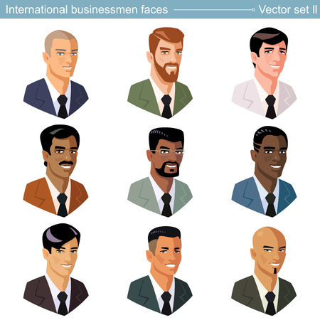Collection of International businessmen avatars. All of the faces are covered in the same color. Character icons in the form of a bust with a business coat and tie.のイラスト素材