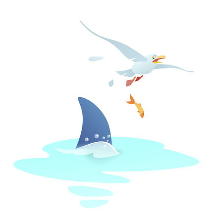 Blue shark appears a fin over the wave and attacks the seagull. A frightened bird tries to escape, losing feathers and dropping a small fish.のイラスト素材
