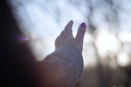 Close-up of young female Caucasian hand in sunrays outdoors. Unrecognizable woman stretching palm away on sunny autumn day. Leisure, lifestyle.の写真素材