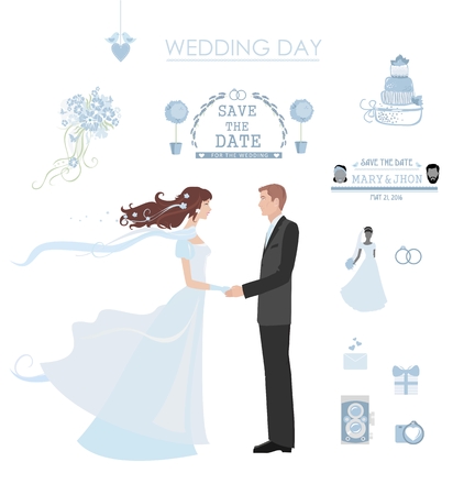 Wedding vector set with graphic elements. Bride and groom in the center.のイラスト素材