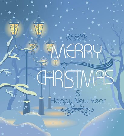 Christmas vintage card with the lanterns at snowy street. Christmas text. Vectorのイラスト素材