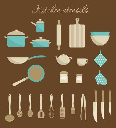 Kitchen utensils icons. Flat simple design. Biege and turquoise colors. Vector illustrationのイラスト素材