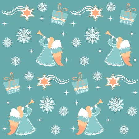 Green christmas pattern with angels, christmas stars, gifts and snowflakes. Vectorのイラスト素材