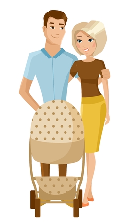 Young family walking with baby buggy. Vector illustrationのイラスト素材