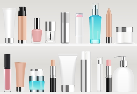 Colorful different cosmetic tubes and bottles standing on shelves. Vector illustrationのイラスト素材