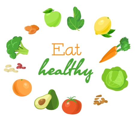 Group of healthy vegetarian products in the circle. Colorful bright illustration. Eat healthy.のイラスト素材
