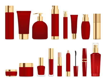 Set of cosmetic tubes isolated on white. Gold and dark red colors. Place for your textVectorのイラスト素材