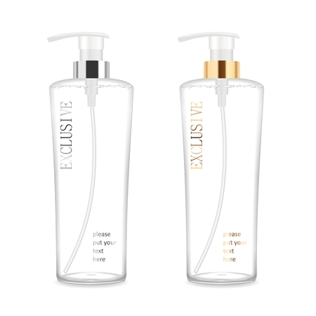 Two transparent blank cosmetic bottles for shampoo, soap, gel, bath foam, cream or lotion. Detailed vector illustrationのイラスト素材