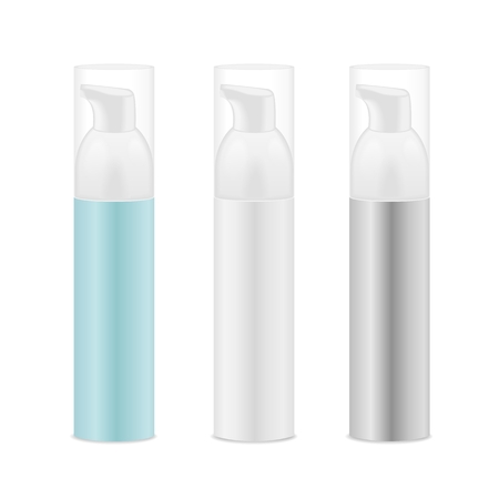 Three transparent blank cosmetic bottles. Blue, white and grey colors. Detailed vector illustrationのイラスト素材