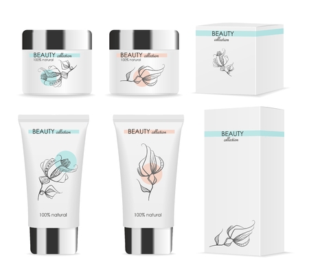 Four white cosmetic tubes with packs. Vectorのイラスト素材