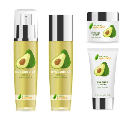Four realistic cosmetic tubes with silver caps, avocado designのイラスト素材