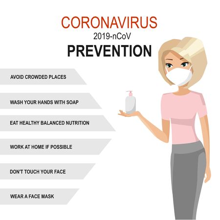 coronavirus prevention tips. Woman in mask with soap orのイラスト素材