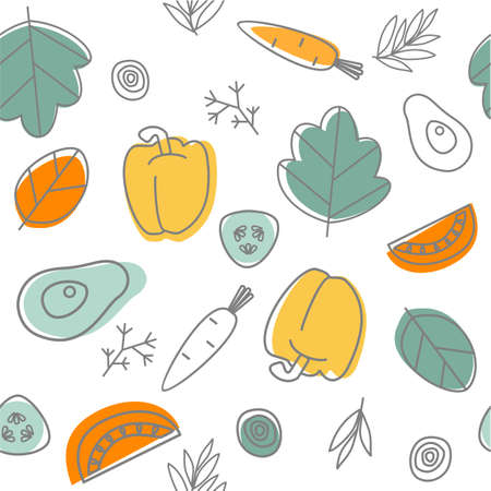 Seamless vegetables background. Doodle pattern. Healthy food. Vectorのイラスト素材