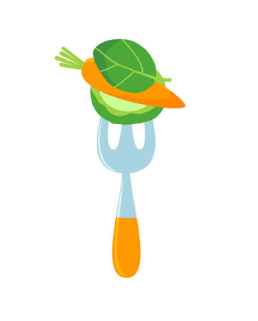 Cartoon fork with vegetables on it. Raw food logo. Vectorのイラスト素材