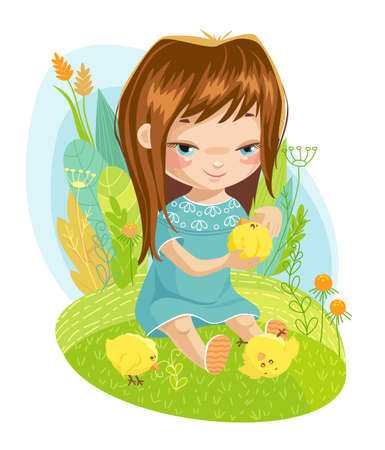 Happy little girl with small baby chicken.のイラスト素材