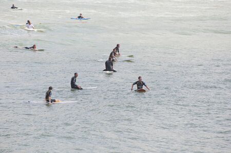 FRANCE, BIARRITZ - JULY 21, 2014: Learning to surf on the Atlantic coast.のeditorial素材