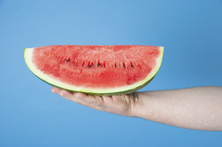 Large slice of watermelon on a man's palm.Studio photography on a blue background.の写真素材