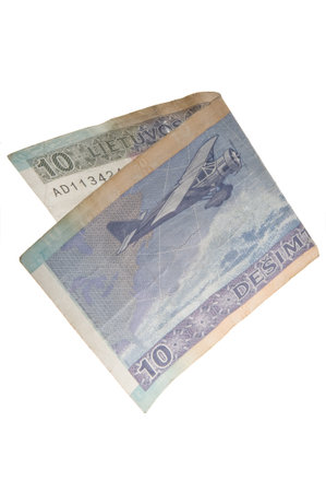 Lithuanian litas folded in half. Isolated.Studio photography on a white background. Isolated.
