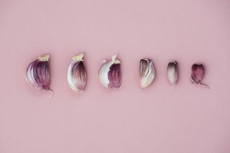 Garlic cloves lined in size on a light pink background.
の写真素材