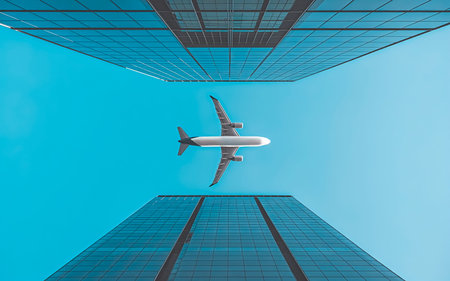 a plane on a blue sky background. view from below. reflection in a glass high-rise building.の素材