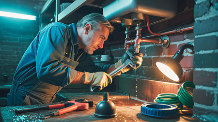 A middle-aged adult plumber working in a dimly lit, cluttered utility room. The man has a determined expression, wearing stained coveralls and heavy-duty gloves, with grease smudges on his cheeks and hands. He is tightening a copper pipe joint under a sink, surrounded by tools like wrenches, pipe cutters, a plunger, and coils of replacement tubingの素材