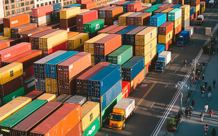 Aerial view of many brightly colored shipping containers stacked on a city street. High-angle shot, vibrant colors, urban setting.の素材