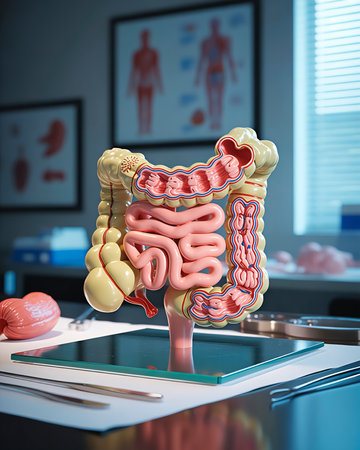Detailed 3D-printed intestines model on sterile glass for medical education. Showcases villi, folds, layered walls, red/blue vascular networks. Soft lighting highlights depth and realism. Blurred background: surgical instruments, charts. Advanced visualization for training/research. Precision demonstrated.の素材