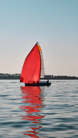 A sailboat with a vibrant red spinnaker sail glides smoothly across calm water under a clear sky. Silhouettes of people are visible on the boat, enjoying a peaceful sailing experience. The sun reflects off the water, creating sparkling highlights and a serene atmosphereの写真素材