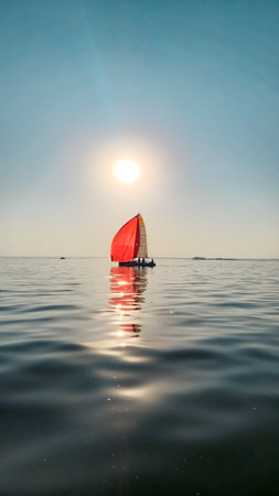 A sailboat with a vibrant red spinnaker sail glides smoothly across calm water under a clear sky. Silhouettes of people are visible on the boat, enjoying a peaceful sailing experience. The sun reflects off the water, creating sparkling highlights and a serene atmosphereの写真素材