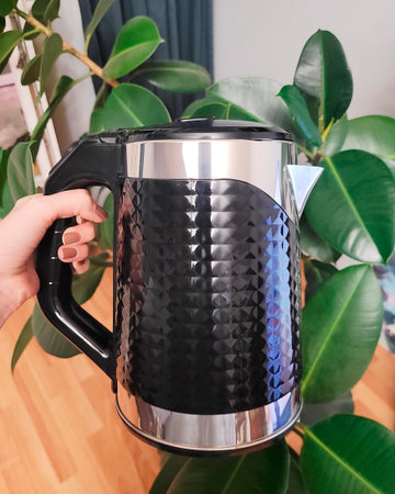 Hand Holds a Stylish Kettle Near Plant