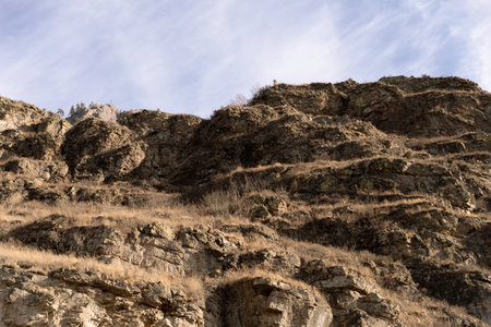 Winter Mountain View: Rocky Peaks, Clear Skyの写真素材