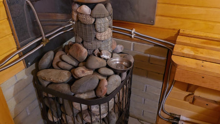 Classic Sauna Heater Design with Natural Stonesの写真素材