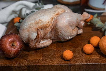 Raw whole chicken prepared for roasting on a wooden board. Uncooked poultry meat for holiday dinner.の写真素材