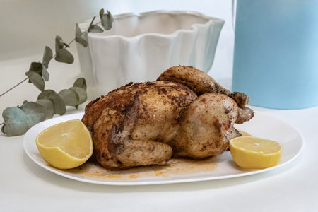 Whole roasted chicken with lemon on a white plate. Delicious baked poultry for dinner at home,...