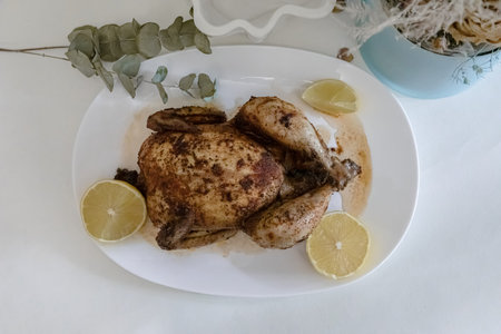 Roasted whole chicken with lemon slices on a white plate. Homemade grilled meal for dinner or lunch....