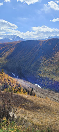 Scenic mountain valley with autumn trees and winding river under a blue sky, concept for travel and...