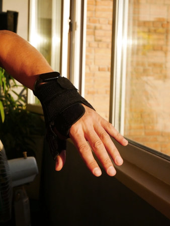 A hand with a bandage on the wrist, showing healing wounds near the windows
