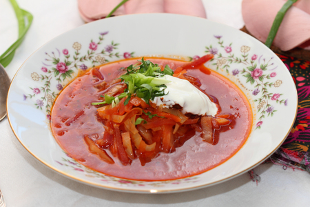 lenten soup a borsch with sandwiches from black bread and sausageの写真素材