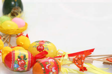 background on an easter subject from eggs, chickens, hens, tapesの写真素材