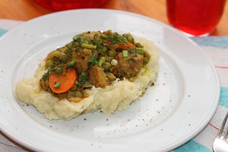 stewed pork with vegetables on pillows from mashed potatoesの写真素材