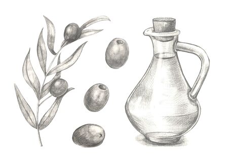 Sketch hand drawn olives set. Olive fruits bunch and olive branches with leaves. Glass bottle with olive oil. Illustration isolated on white backgroundの写真素材