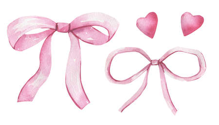 Collection of ribbons hand-drawn in watercolor and isolated on a white background. High quality illustration.の写真素材
