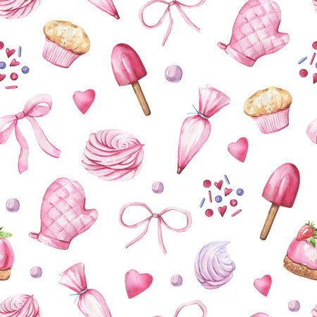 Collection of cakes, kitchen items hand-drawn in watercolor and isolated on a white background. Kitchen, cafe seamless pattern. High quality illustrationの写真素材