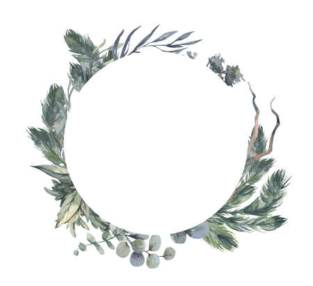 Watercolor hand painted wreath with green leaves.Watercolor floral illustration with branches - for wedding invite, stationary, greetings, wallpapers, background. High quality illustrationの写真素材