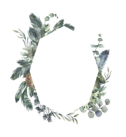 Watercolor hand painted wreath with green leaves.Watercolor floral illustration with branches - for wedding invite, stationary, greetings, wallpapers, background. High quality illustrationの写真素材